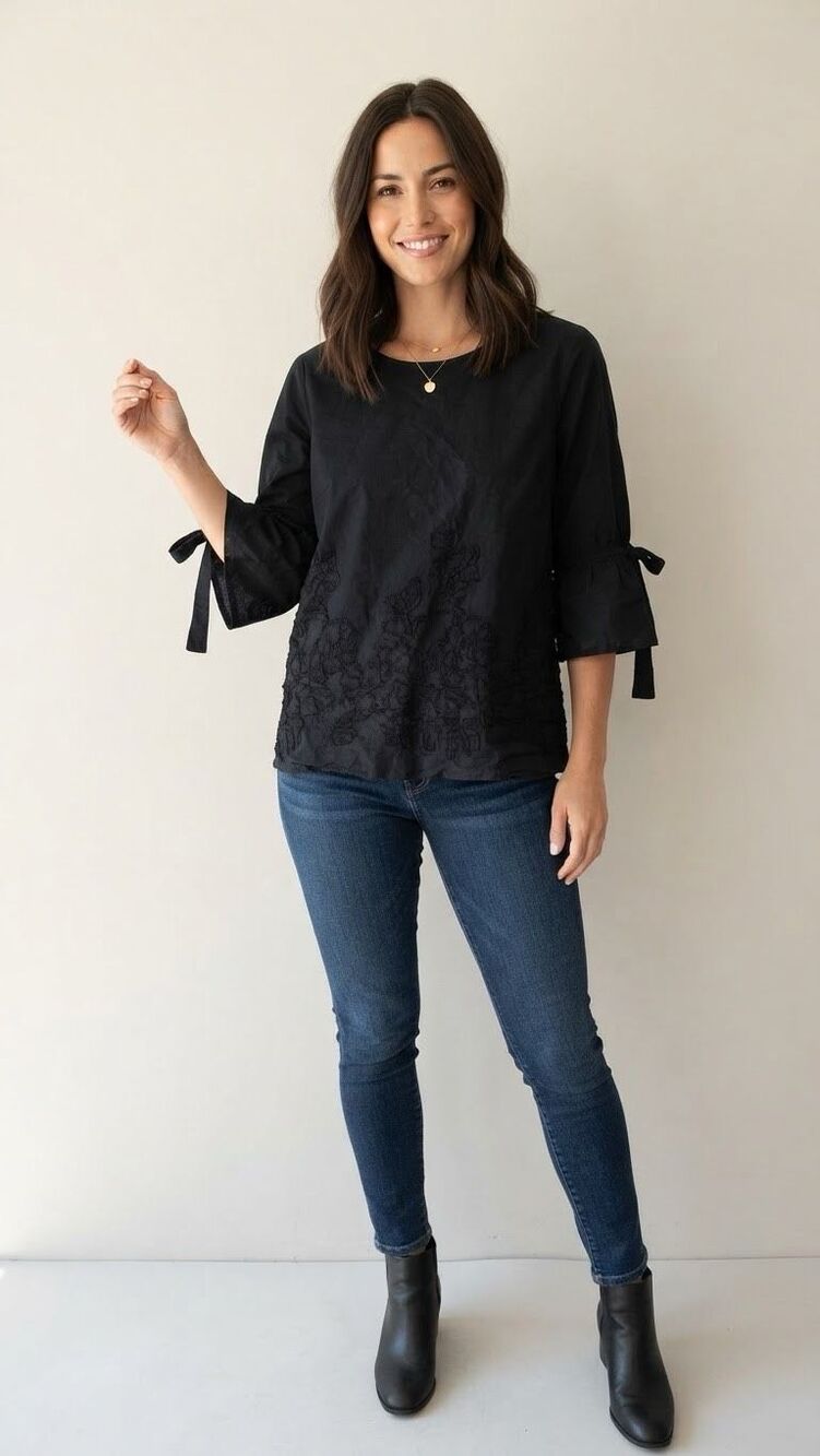 Pleione Black Floral Embroidered Tie Sleeve 100% cotton Top Blouse Size Small Ma